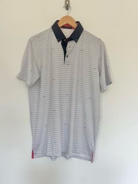 Greyson Golf Spell Out Polo Poly Spandex Blend Made in Peru Blue Men’s Sz Medium